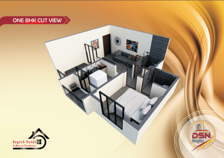 Cutaway view of a 1BHK flat layout at DSN Heights, Sawarde